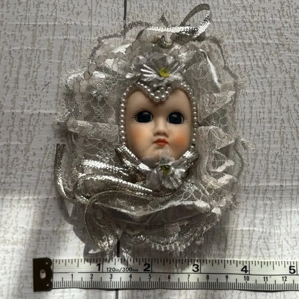 Vintage Angel Face Christmas Ornament Silver Lace Pearl